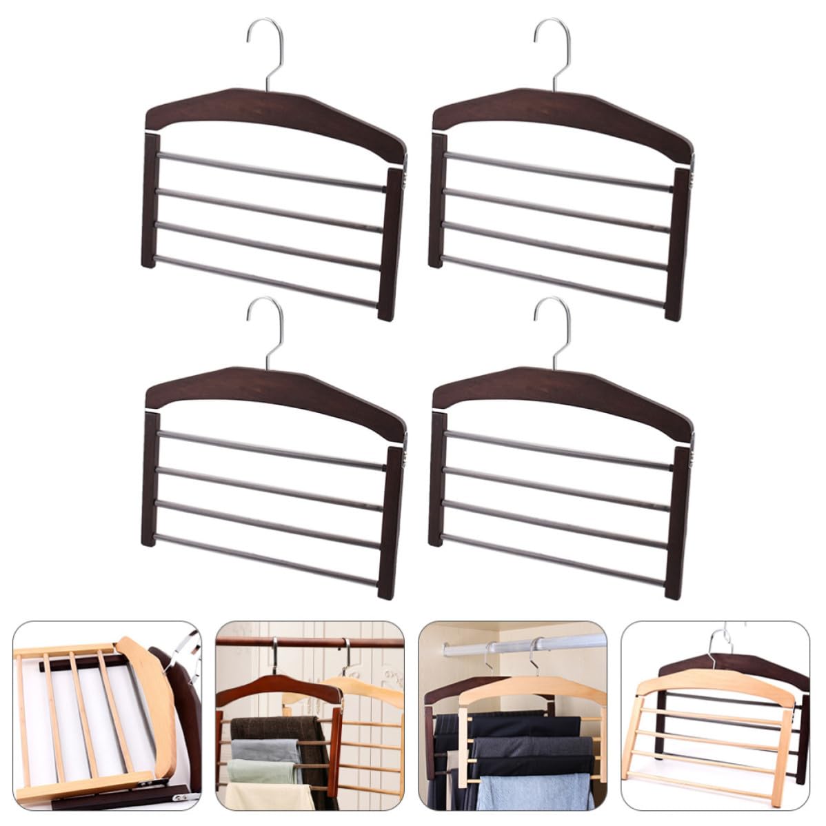 Organizador de Secado de Madera para Ropa y Pantalones, 4 Perchas Antideslizantes Ganchos Giratorios, para Colgar en Espacios Reducidos