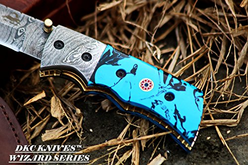 Dkc Knives (12 7/18) Dkc-27-Cb-X Wizard Caribbean Blue 7" Long, 4" Folded 6Oz Damascus Tanto Folding Pocket Hunting Knife Tm (Damascus Steel) #TOP3