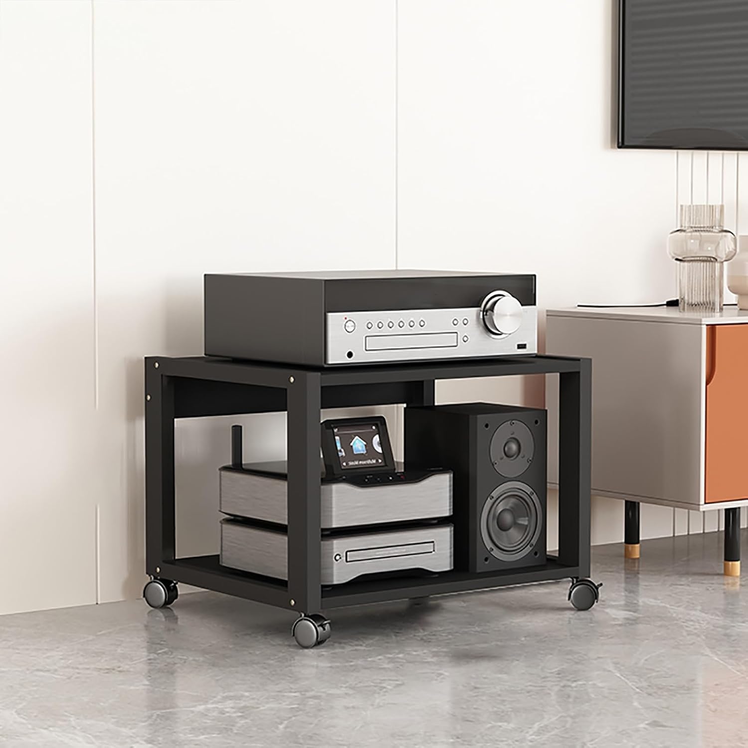 Mid-Century Modern AV Stand Corner Shelf for Game Consoles DVD Rack Record Player Holder Stylish Tower for Living Room & Gaming Setup (50.1x40x40cm)