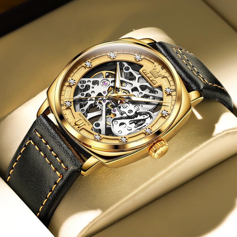 Image of OUPINKE Mens Watches Automatic Skeleton Mechanical Watches for Men Self Winding Luxury Fashion Leather Strap Steampunk Style Luminous Waterproof Men Wrist Watches