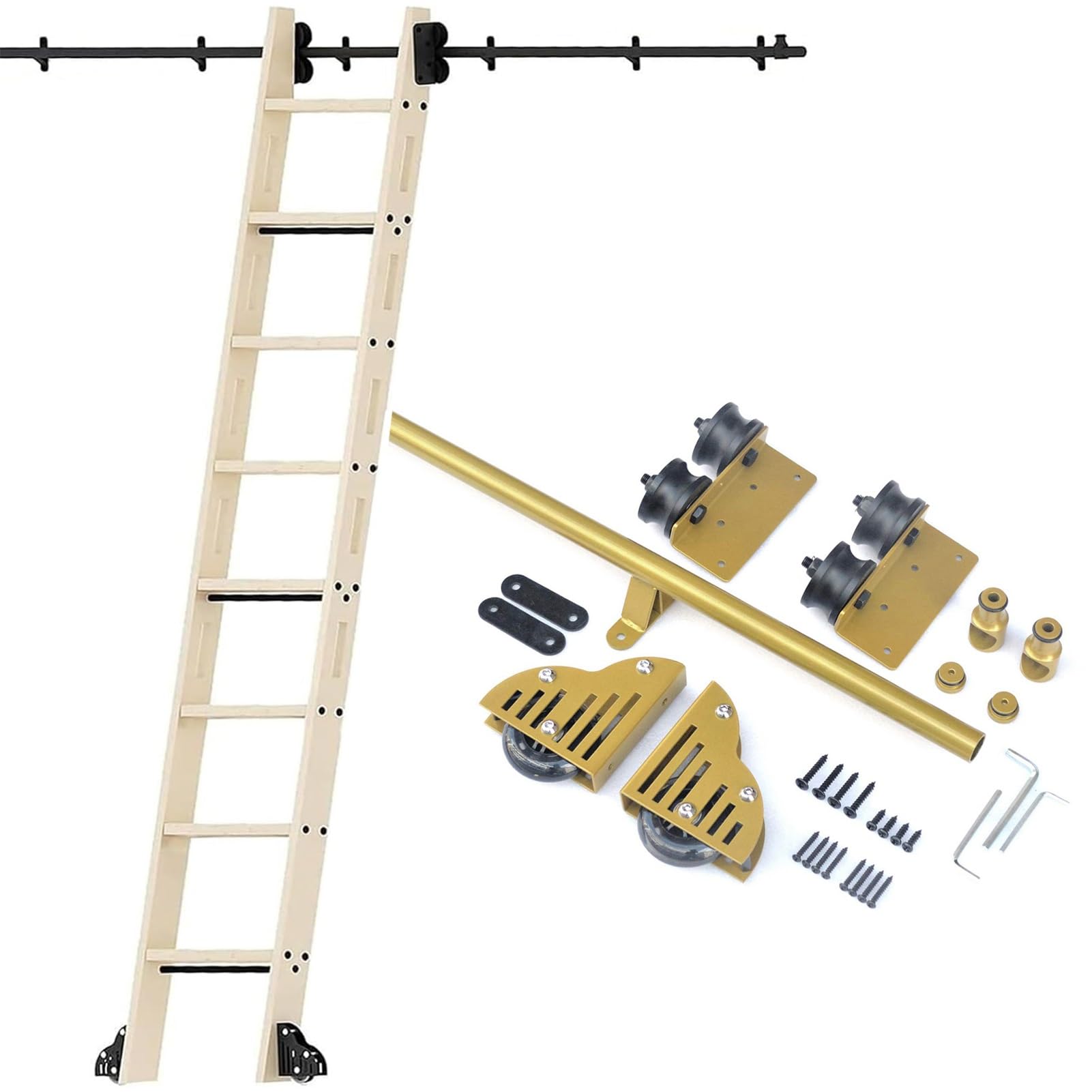 DONGGANSHI 3.3ft-24ft Rolling Sliding Library Ladder Hardware Track Kit(No Ladders),Carbon Steel Mobile Ladder Rail Slide Roller System,Gold(3.3ft/100cm Track Kit)