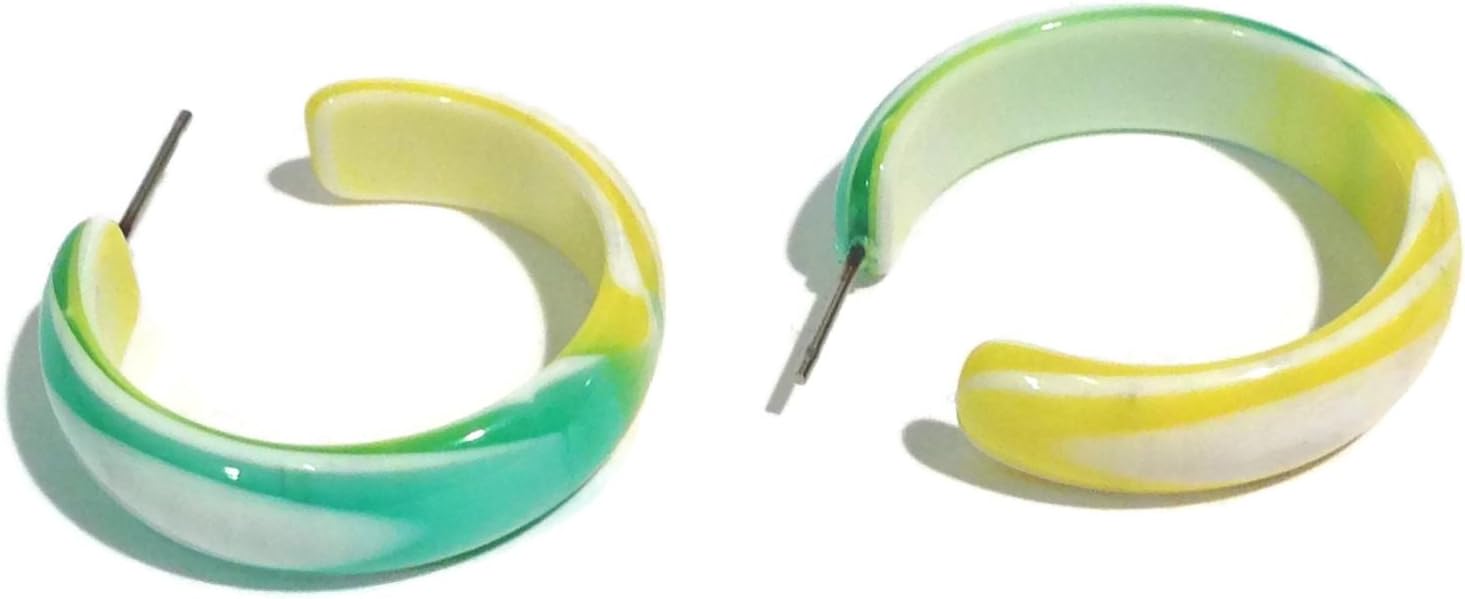 Mint Green and Yellow Hoop Earrings | Vintage Lucite Marbled Agate Hoops
