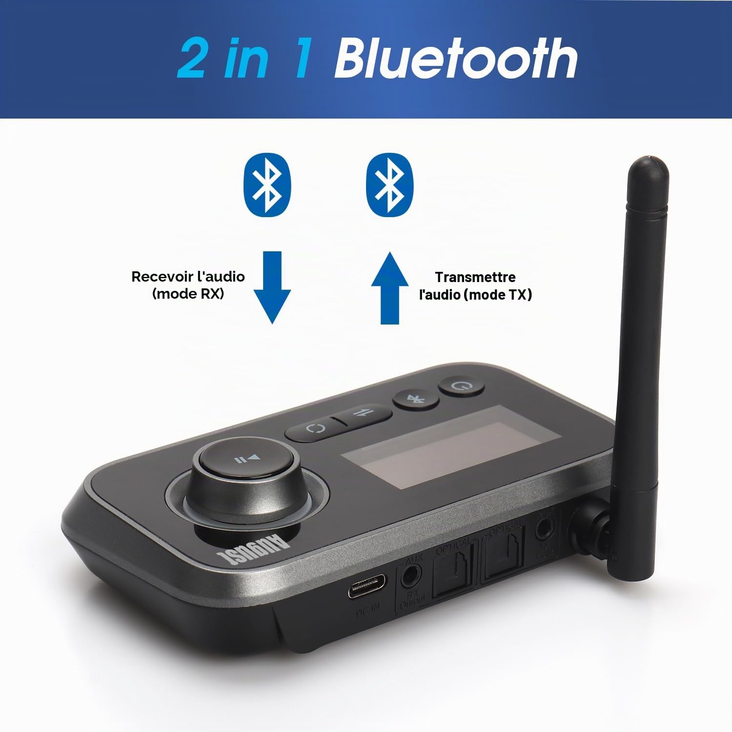 August MR280 Émetteur Récepteur Bluetooth 3 en 1 pour TV/PC/Casque/Stéréo HiFi - Adaptateur Audio Multipoint Faible Latence avec Bypass, 3,5 mm Aux, RCA, Câble Optique, USB-C