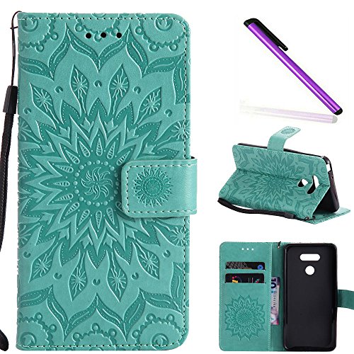 COTDINFOR LG G6 Funda Flores Cierre Magnético Billetera con Tapa para Tarjetas de Cárcasa Elegante Retro Suave PU Cuero Caso Protectora Case para LG G6 Sunflower Green KT