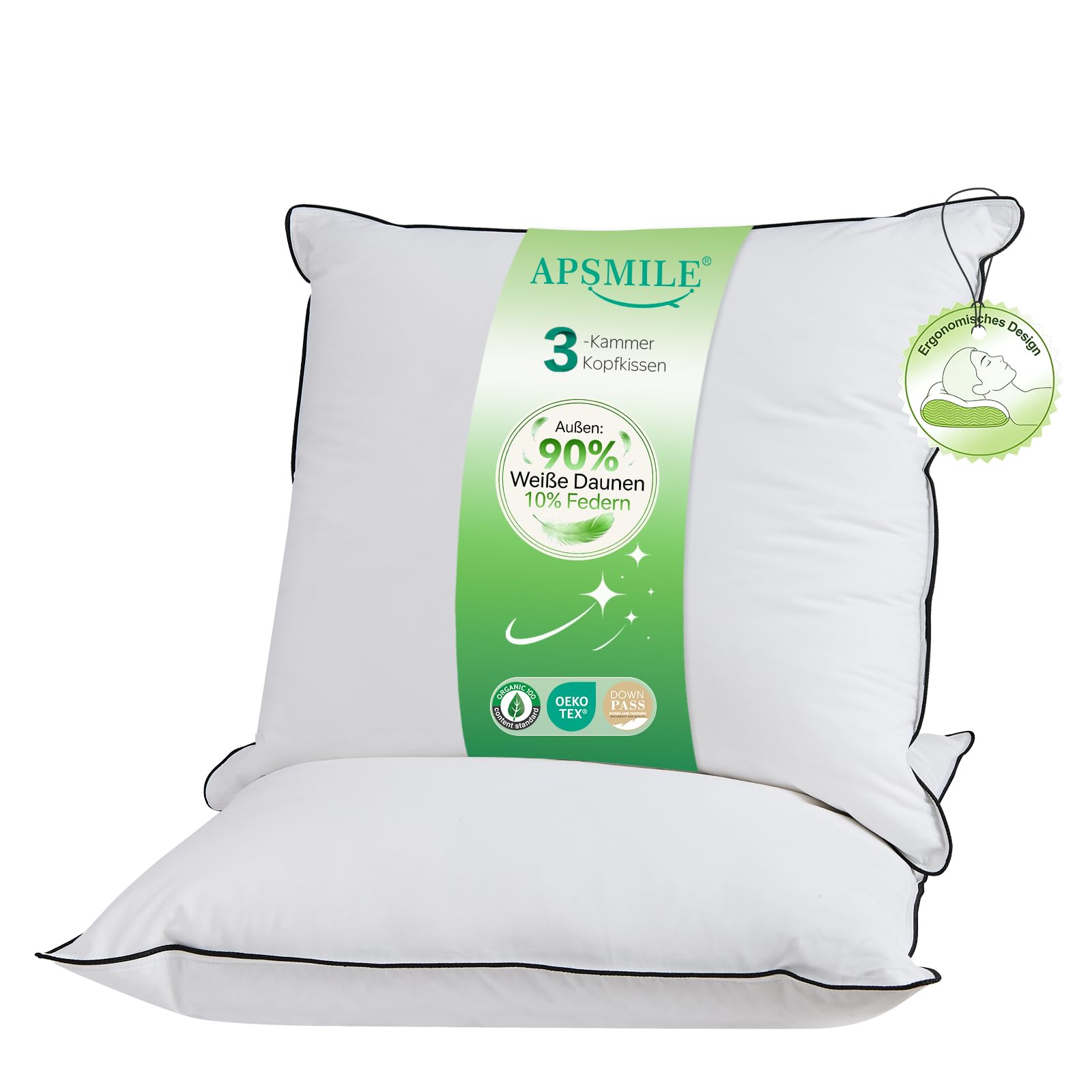 APSMILE Premium Daunenkissen 60x60 (2 Stück) | 90% Weiße Daunen Außen | Federmischung Innen | Kopfkissen Ergonomisches Design für höchsten Komfort | Weicher Bio-Baumwollbezug | je 790g Füllgewicht