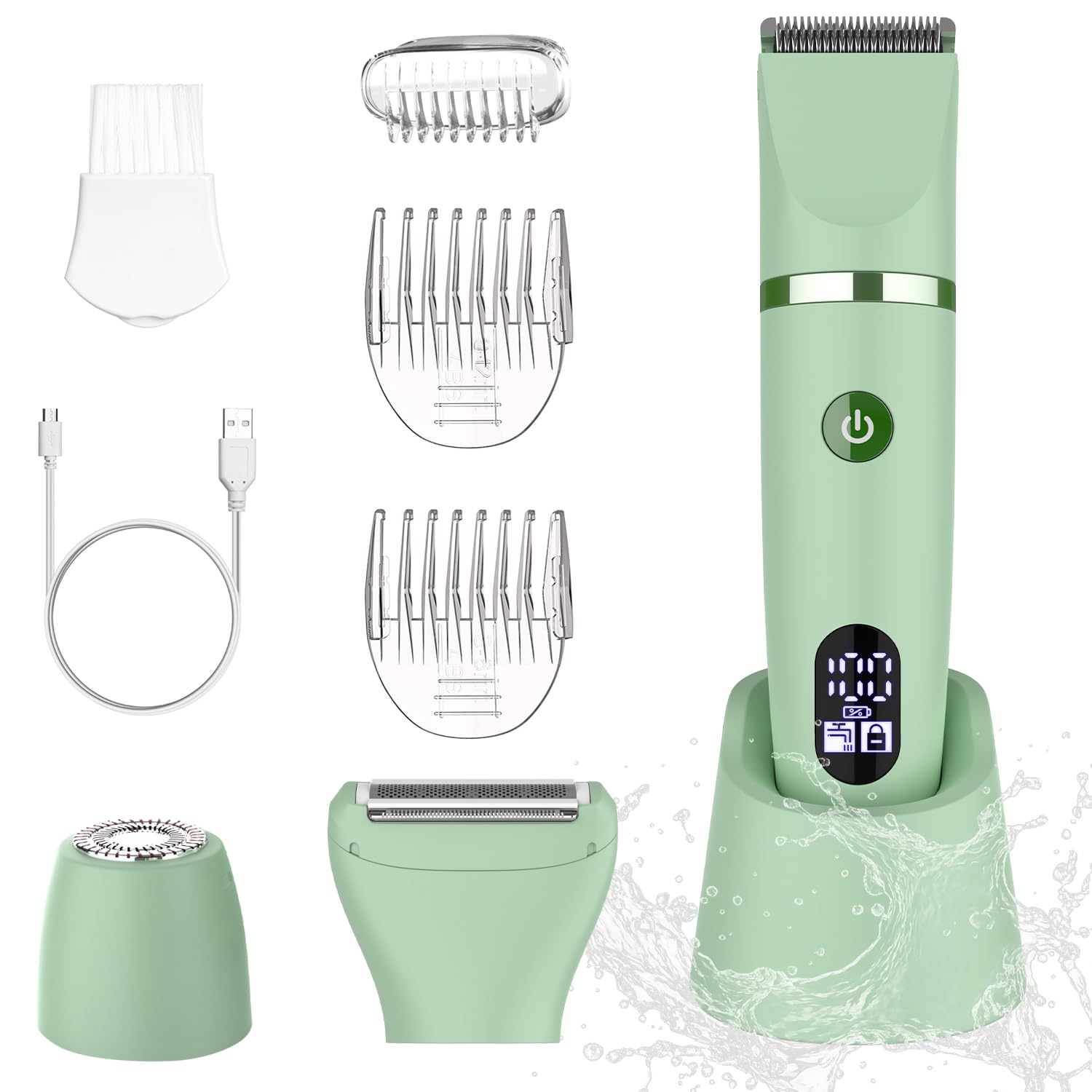 Scttomon afeitadora eléctrica para mujer cortapelos corporal para mujer recortadora para zona bikini Afeitado de piernas impermeable pantalla LCD seco/mojado 3 in 1 verde