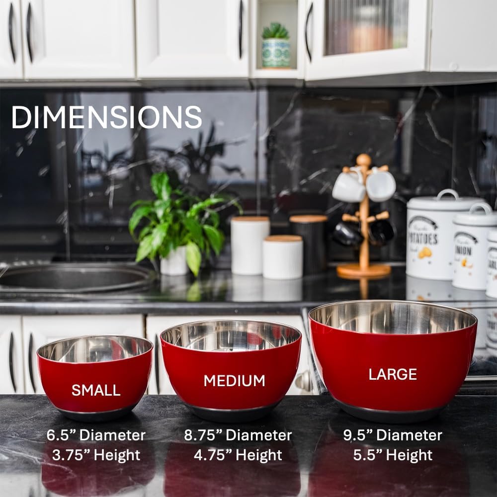 Stainless Steel Mixing Bowls Set, 3-Piece with Silicone Base | 1.5, 3 & 5 Qt Metal Bowls for Meal Prep, Baking, Cooking, Serving & Food Storage, Non-Slip Base, Dishwasher Safe, Red