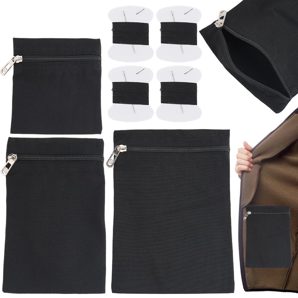 CRASPIRE 3 Sizes Sew-in Side Pocket Zippered with Sewing Wire Black Coat Inside Hidden Pockets Travel Security Anti Theft Pouch Mastectomy Recovery Jacket Sweatshirt Windbreaker Puffer Clothing
