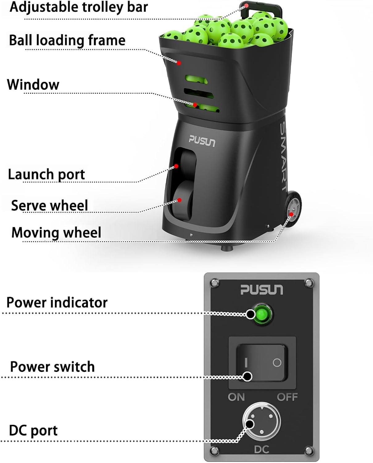 PP-Smart-Multi-Functional Smart Pickleball Serving Machine - APP Controlled, 80+ Ball Capacity, 20-120km/h Speed Adjustment, 4-6 Hours Battery Life, Ideal for Training and Matches