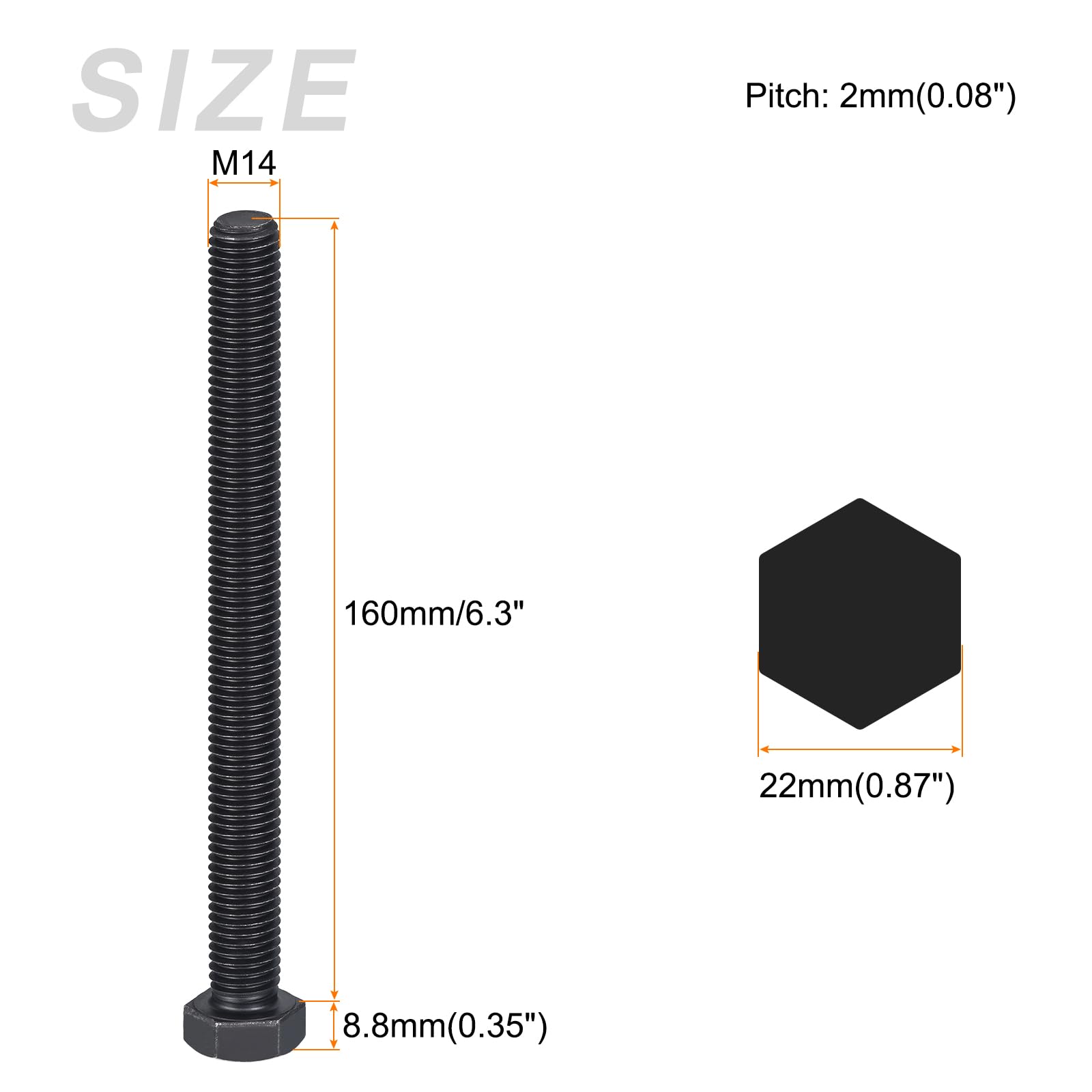 METALLIXITY Hex Bolts (M14-2x160mm) 2Pcs, 8.8 Grade Carbon Steel Fully Threaded Black Oxide - Image 2