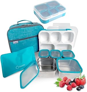 Stainless Steel Kids Bento Lunch-Box with Lunch Bag Ice Pack for Toddler Kids Adult, Leak-Proof School Lunch Container Boxes, Food Snack Containers for Child Daycare Picnic, 5 Compartment 34 oz Blue