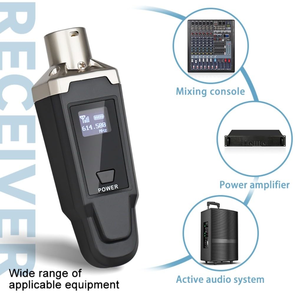 UHF Sistema Microfoni Wireless con Trasmettitore XLR Plug-On, Alimentazione 48V, Ricarica Tipo-C, Bassa Latenza per Microfoni Dinamici e a Condensatore, Nero