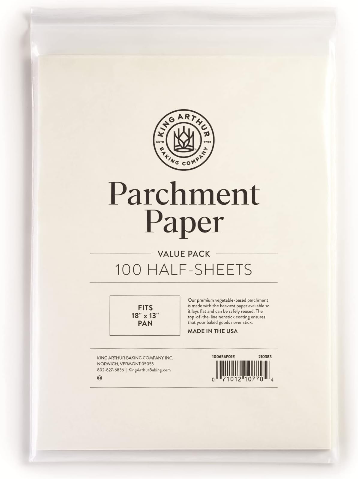 King Arthur, Pre-Cut Baking Parchment Paper, Heavy Duty, Professional Grade, Nonstick, Reusable, Resealable Pack, Fits 18" X 13" Pan, 100 Count (Pack of 22)