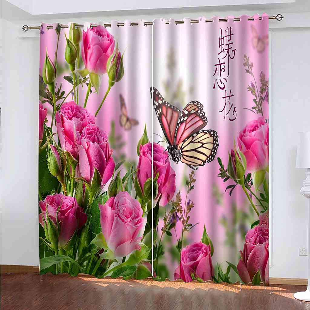 Rideaux Occultants 3D Papillons Roses - 280x260 Cm - 2 Pièces Avec Oeillets Pour Chambre D'enfant