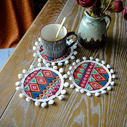 Sutavia Boho Round Placemats Set Of 6 Coaster Doily For Bohemian Table Mats，Wrinkle Free Linen Boho Style Design For Dining Room, Tabletop Decoration (Red, 6Pcs, 6"X6" Round) #TOP2