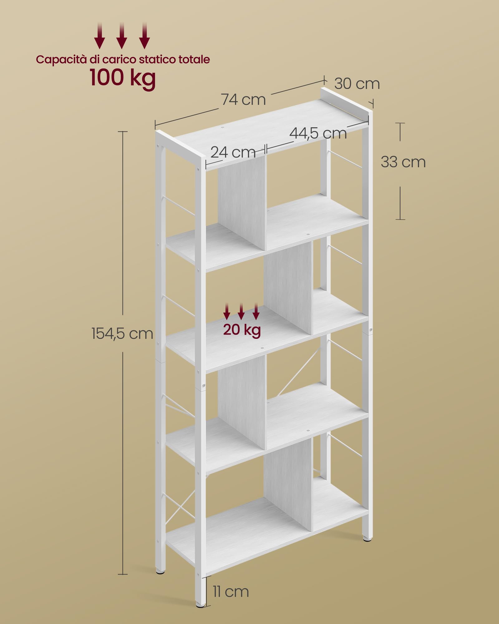 VASAGLE Libreria, Scaffale Portaoggetti a 5 Ripiani, Organizzatore per Studio Ufficio, con Scomparti Aperti per Soggiorno, in Stile Industriale, Bianco Acero e Bianco Nuvola LBC012W44