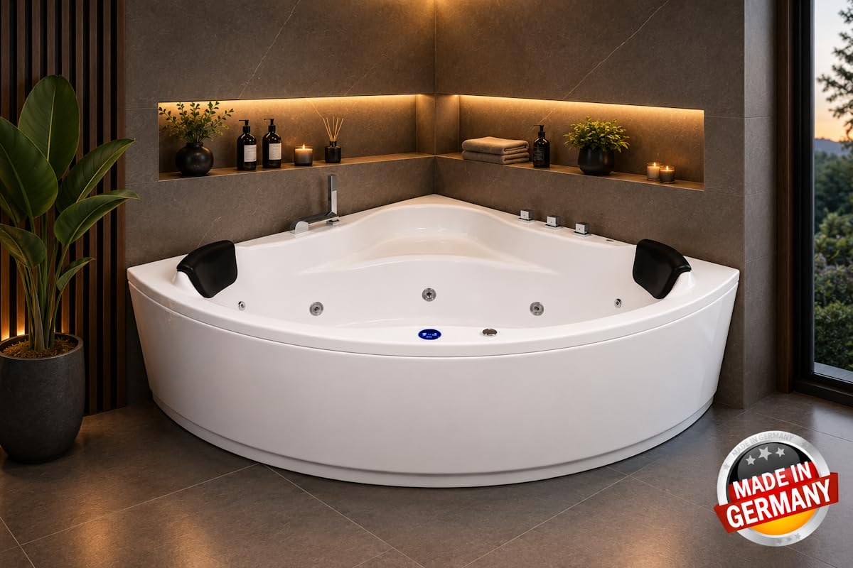 Whirlpool Vasca Caraibi Basic Made in Germany 140 x 140 + 150 x 150 cm con 13 Massaggio Ugelli + Illuminazione Subacquea/Luce + Balboa + con Rubinetti