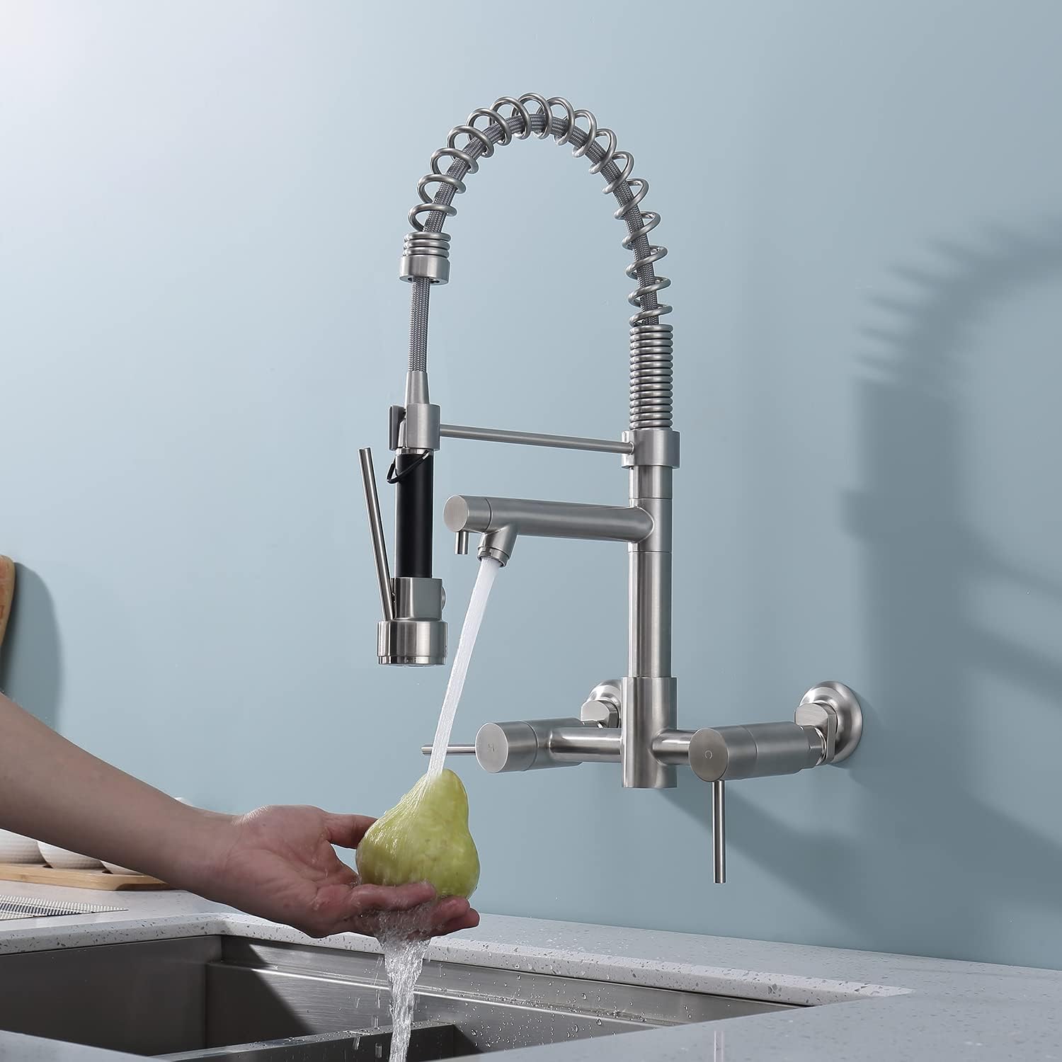 Avola Wall Mount Kitchen Faucet with Pull Down Sprayer, 8 Inch Center Wall Mounted Kitchen Sink Faucet with Pull Down Sprayer, Stainless Steel Wall Mount Faucet for Kitchen Sink, Brushed Nickel