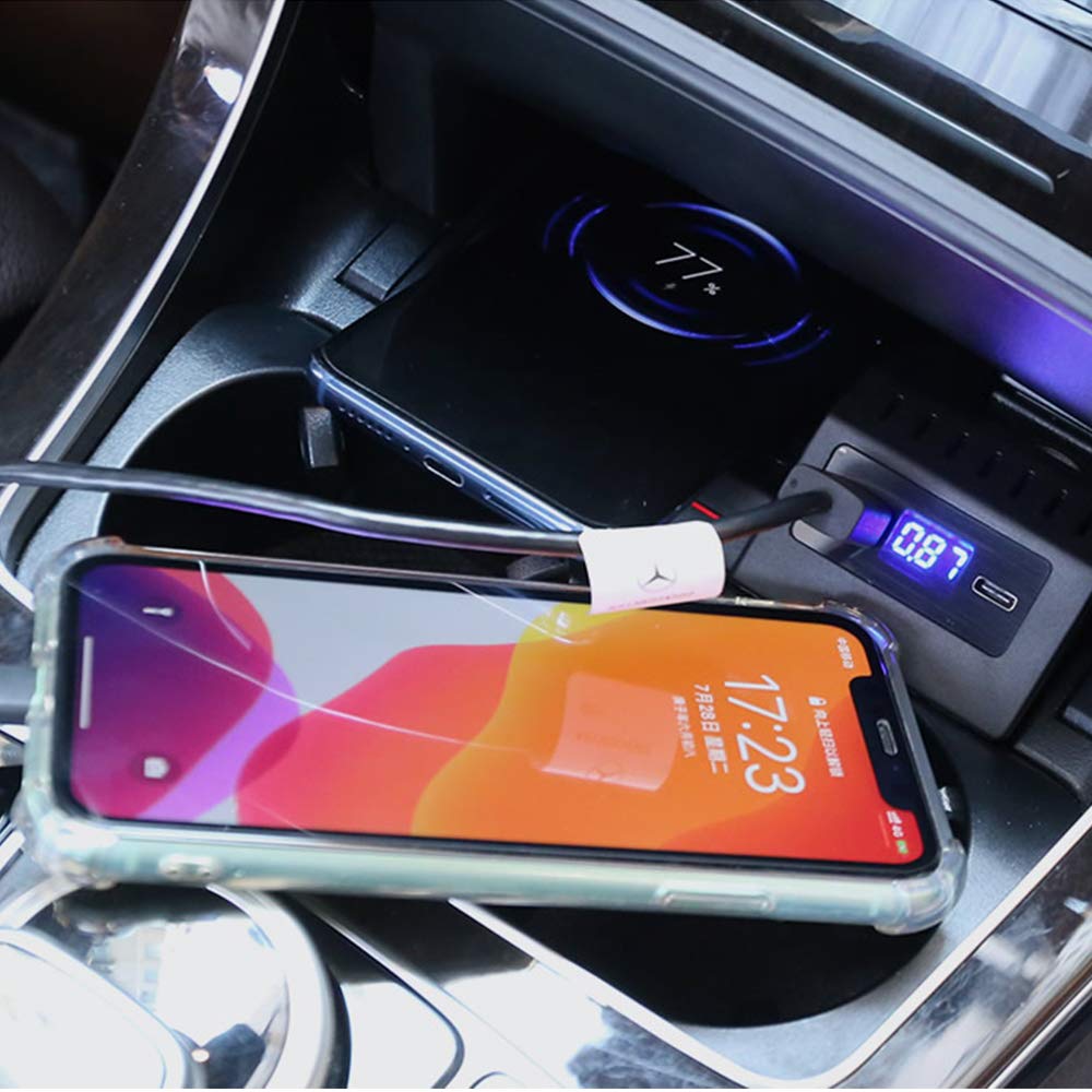 Cargador Inalámbrico Coche Auto para Mercedes-Benz C-Class GLC 2020 2019 2018 2017 2016 Consola Central Panel, 15W Carga Rápida Teléfono Cargador con QC3.0 USB y 18W PD para iPhone Samsung