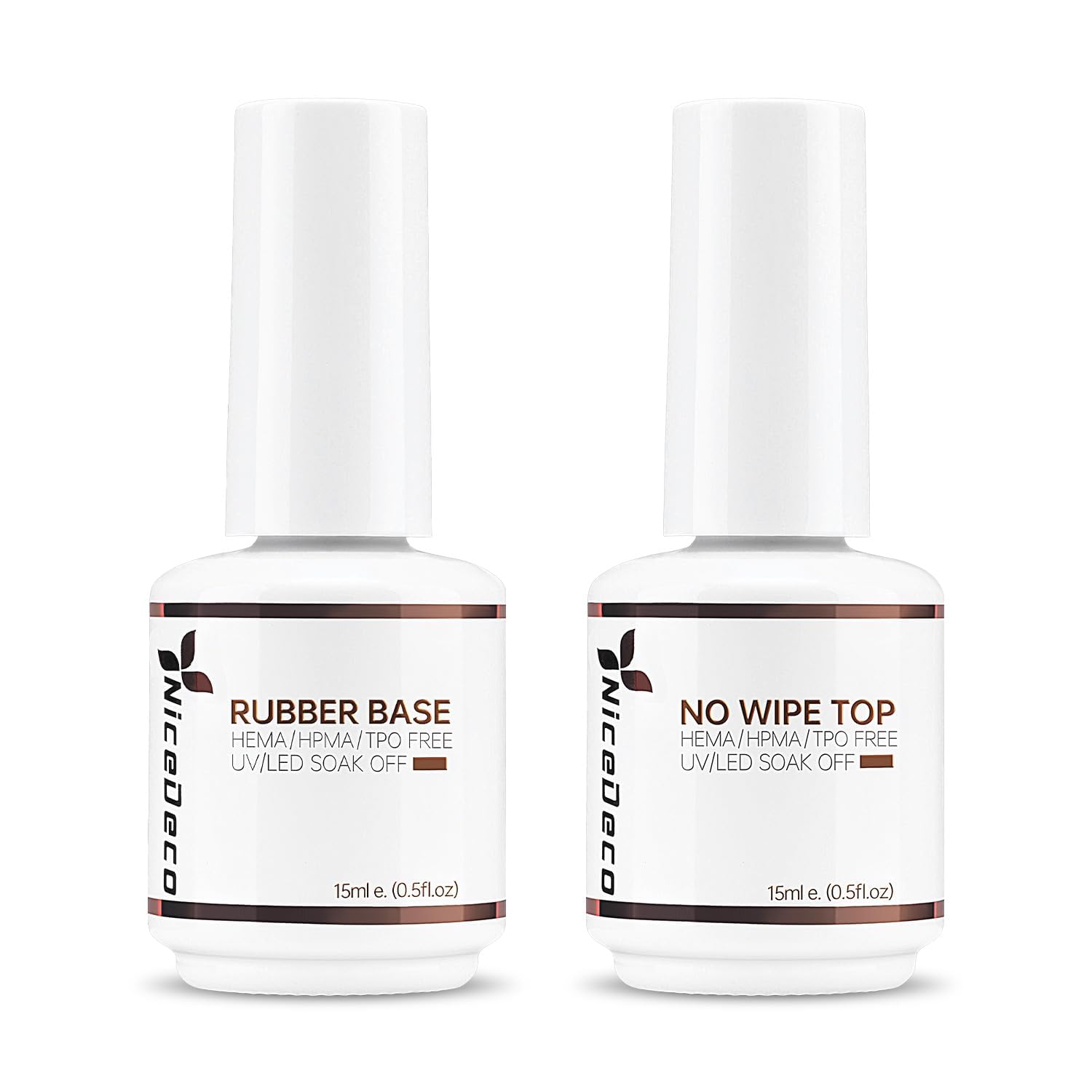 Nicedeco Esmalte de uñas en gel Base de goma y capa superior, 2x15ML Sin toallita Juego de capa superior y capa base Esmalte de uñas de gel transparente U V/LED Larga duración