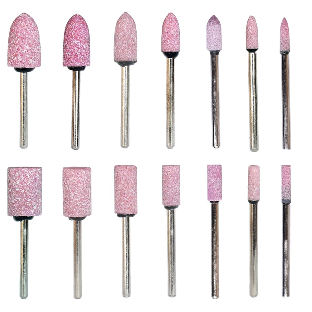 Yuauy Abrasive Stone Mounted Points Grinding Head Wheel Bits Polishing Rotary Tool Bullet and Cylinder Shaped Pink 3mm Shank 3, 4, 5, 6, 8, 10, 12 mm Head Size