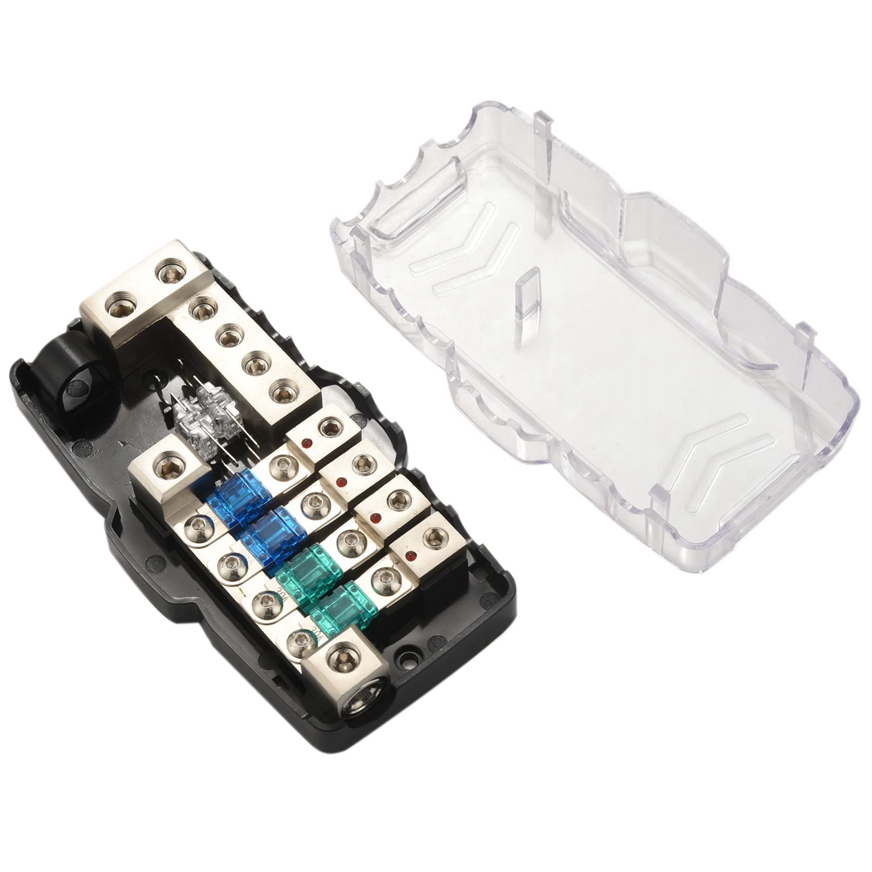 2 portafusibles multifunción LED para coche, estéreo, ANL, distribución 0/4Ga, 4 vías, caja de fusibles