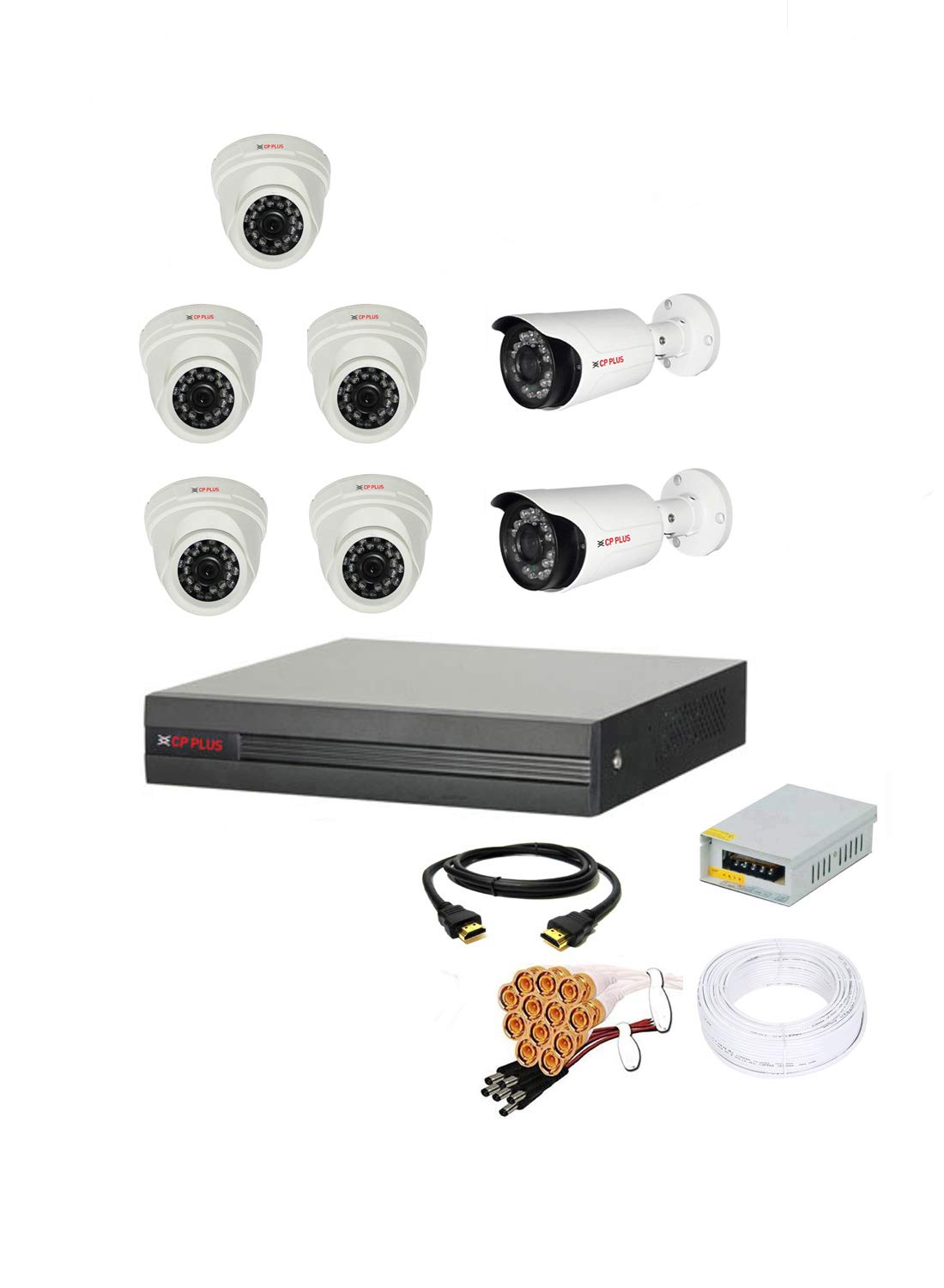 Cp plus 8 Channal HD DVR 1080p 1Pcs,Outdoor Camera 1MP 2Pcs,Indoor Camera 1MP 5Pcs,