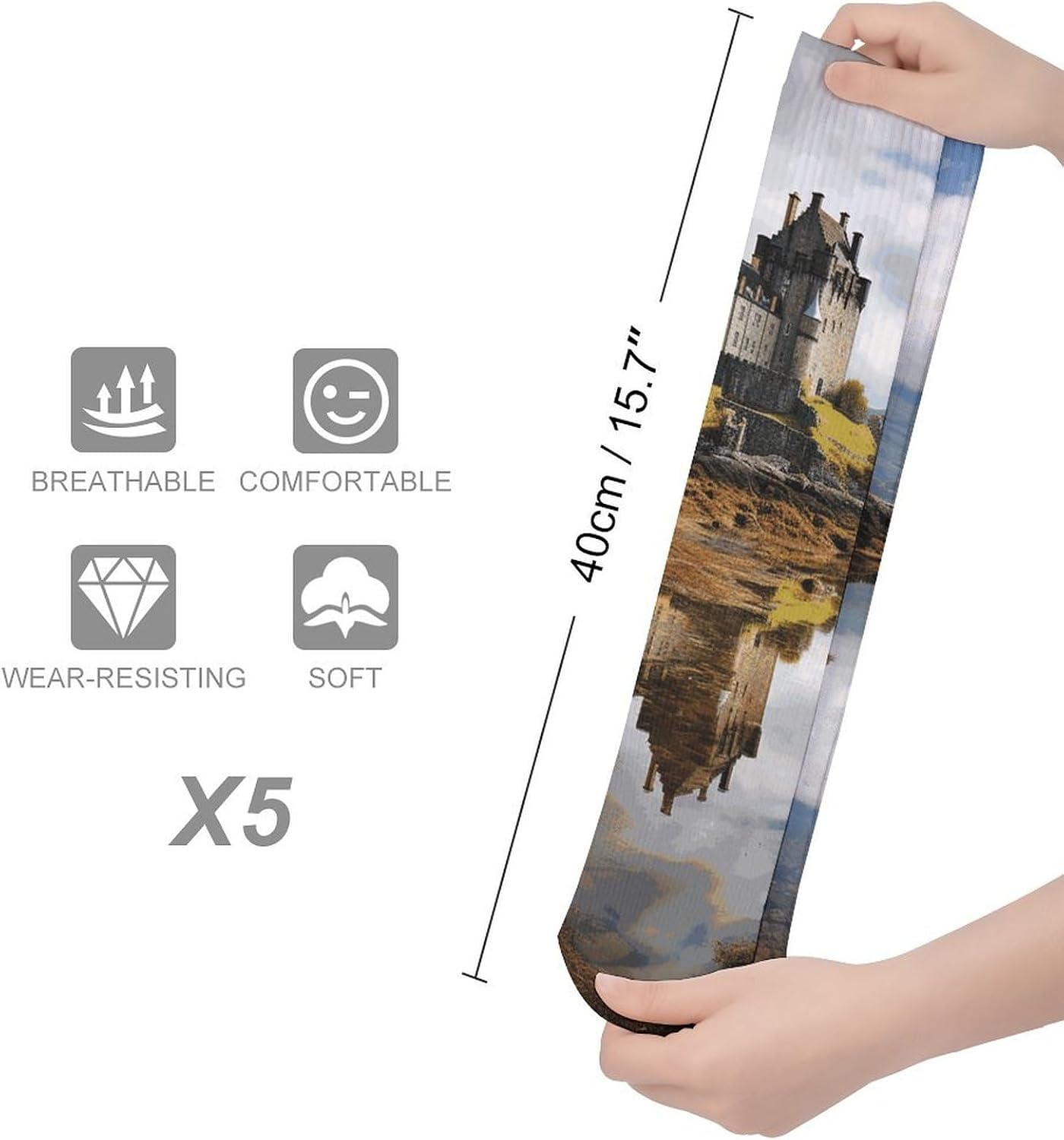 5-Pack Knee High Socks, 15.7 Inch Breathable Casual Socks Scotland Castle Water Lake Scottish Stockings for Men Women