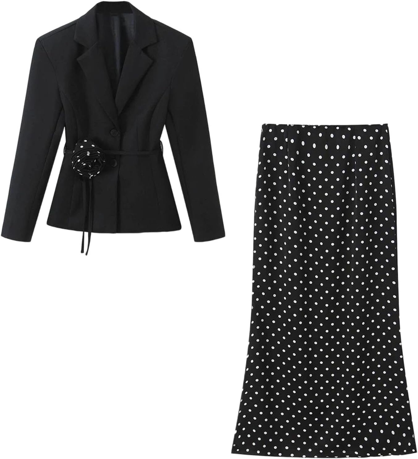 Women's Turn-Down Collar Full Sleeve Single Breasted Top and Knee-Length A-Line Polka Dot Skirt Fashionable Suit with Bow