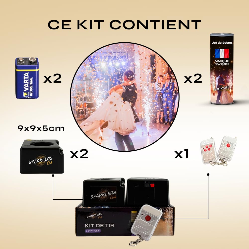 SPARKLERS CLUB Pack 2 Déclencheurs + 2 Jets de Scène 3 Mètres 60 Secondes couleur or - Pile et Télécommande Inclus - Jet de scène d'Intérieur à Étincelles pour Mariage - Catégorie F1