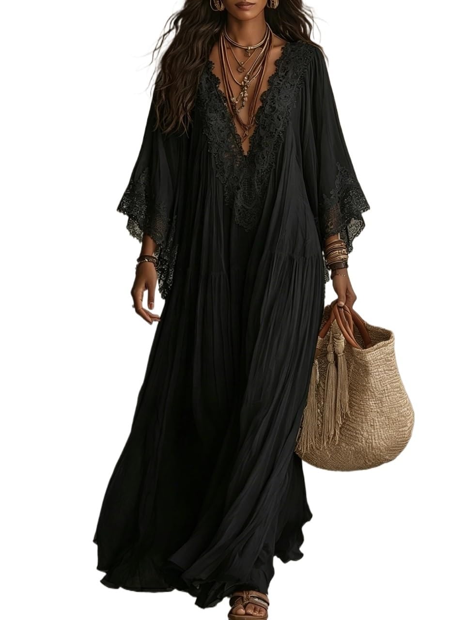 Generale Abito Maxi Crochet Donna Scollo V Maniche A Campana | Veste Lunga Stratificata Aerea Texture Pizzo Fluida Per Laurea Invitata Nozze Feste Estive