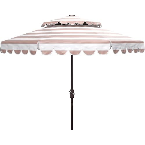 SAFAVIEH Outdoor - Vienna 9-Foot Double-Top Patio Umbrella - Beige & White Canopy - Brown Aluminum Pole - Scalloped Striped Vented Design - Ideal for Patio, Deck, Poolside, Backyard (PAT8211A)