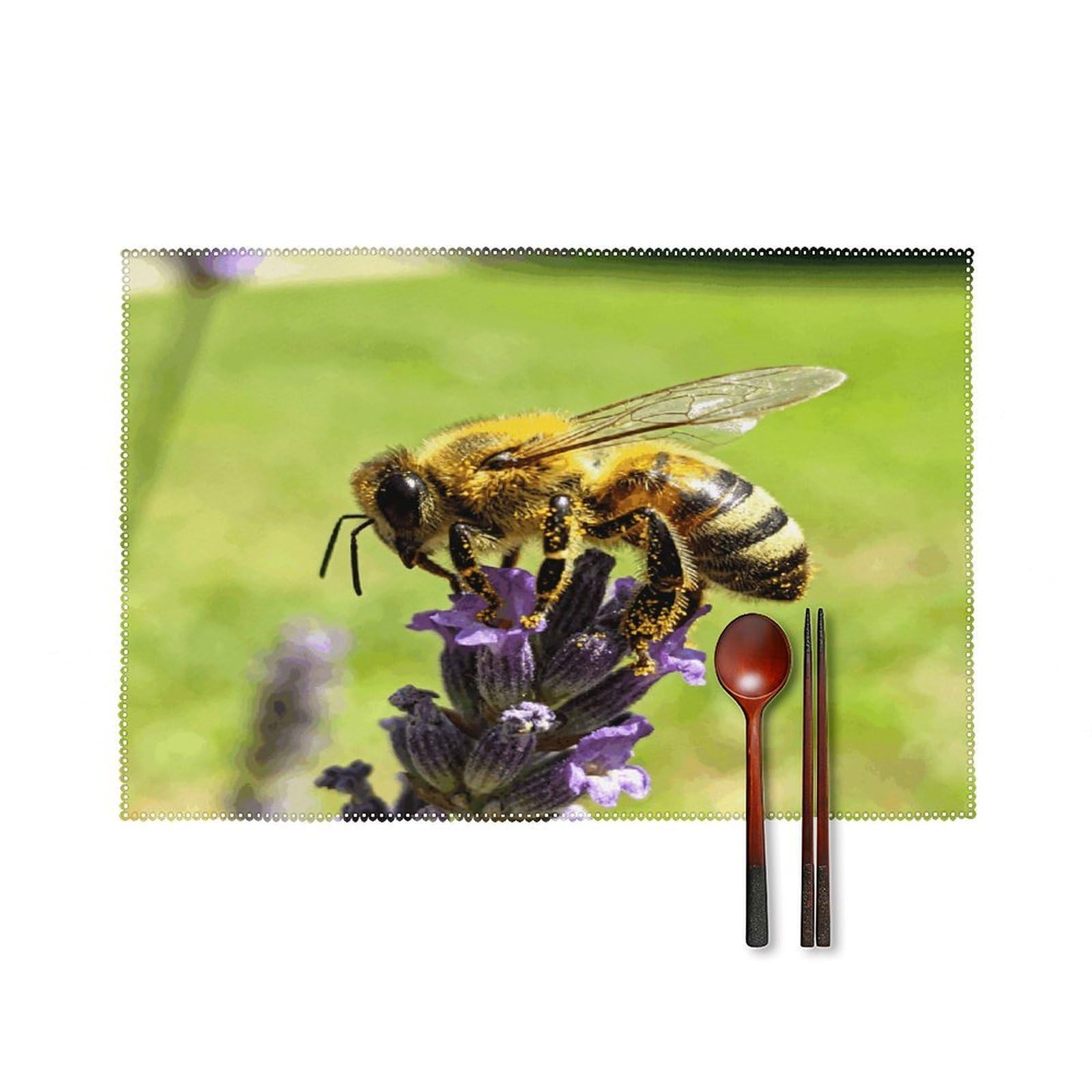 Bees Placemats Washable Canvas Place Mats Decoration Placemat for Dining Table Easy to Clean Tables Mat Set of 6 for Kitchen Dining Room Coffee Table