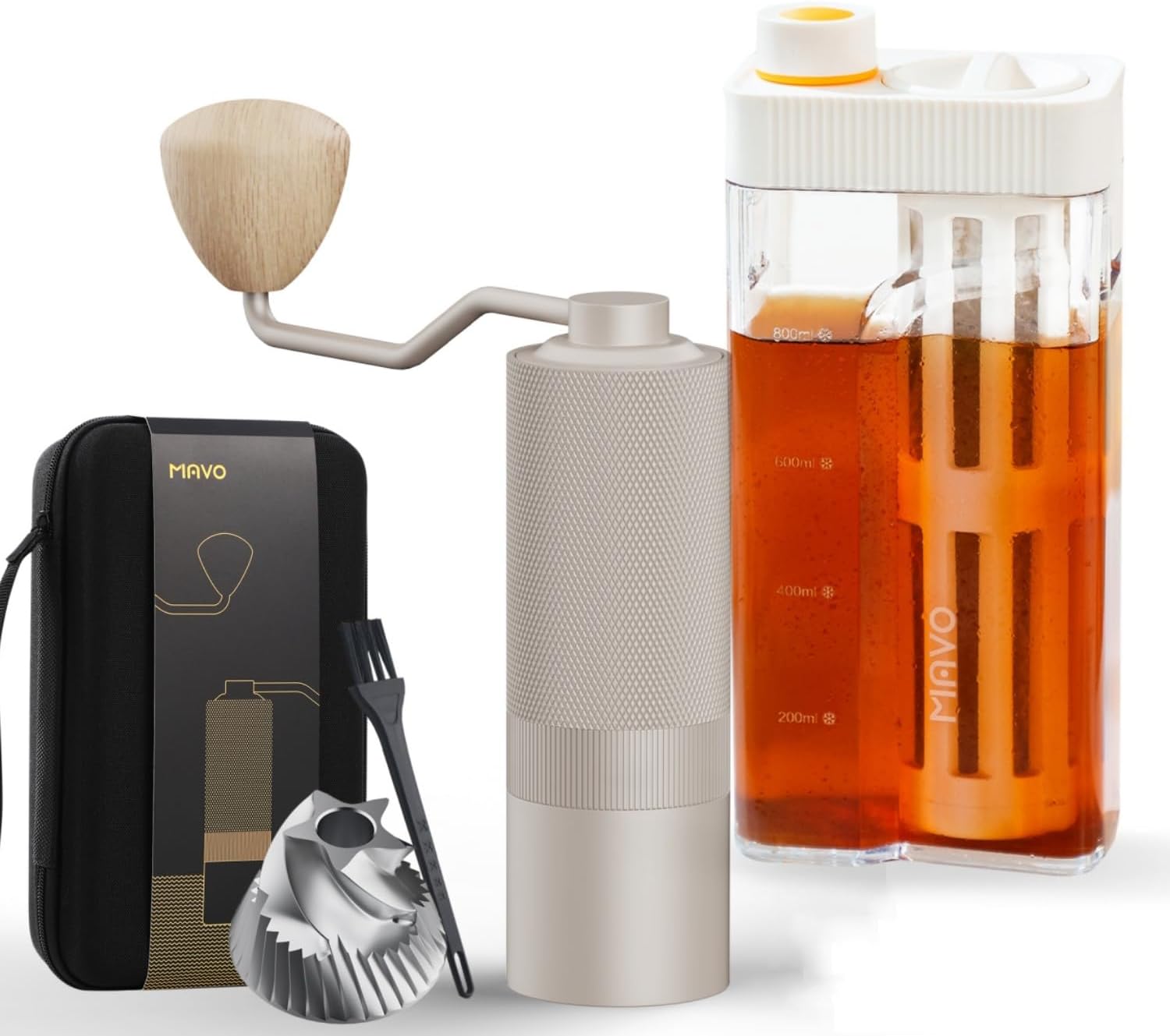 MAVO Manual Coffee Grinder & Cold Brew Coffee Maker, Capacity 25g with CNC Stainless Steel Pentagon Conical Burr, 27oz Iced Coffee Maker and Tea Brewer