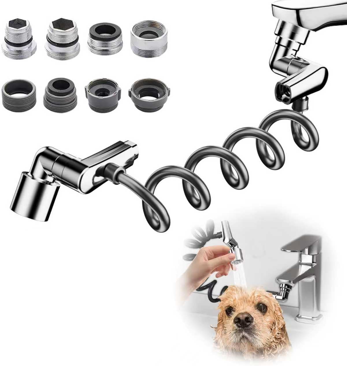 1080° Rotatable Faucet Extender Aerator - Sink Faucet Sprayer Attachment Bathroom - 2 Mode Metal Robotic Arm with Flexible Hose Extension - Small Pet Bathing Hair Face Washing