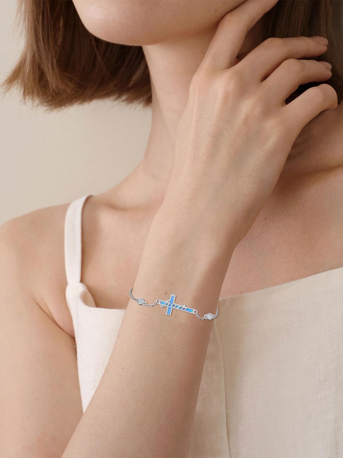 Bracciale con opale blu e croce da donna, in argento sterling 925, gioiello religioso, idea regalo
