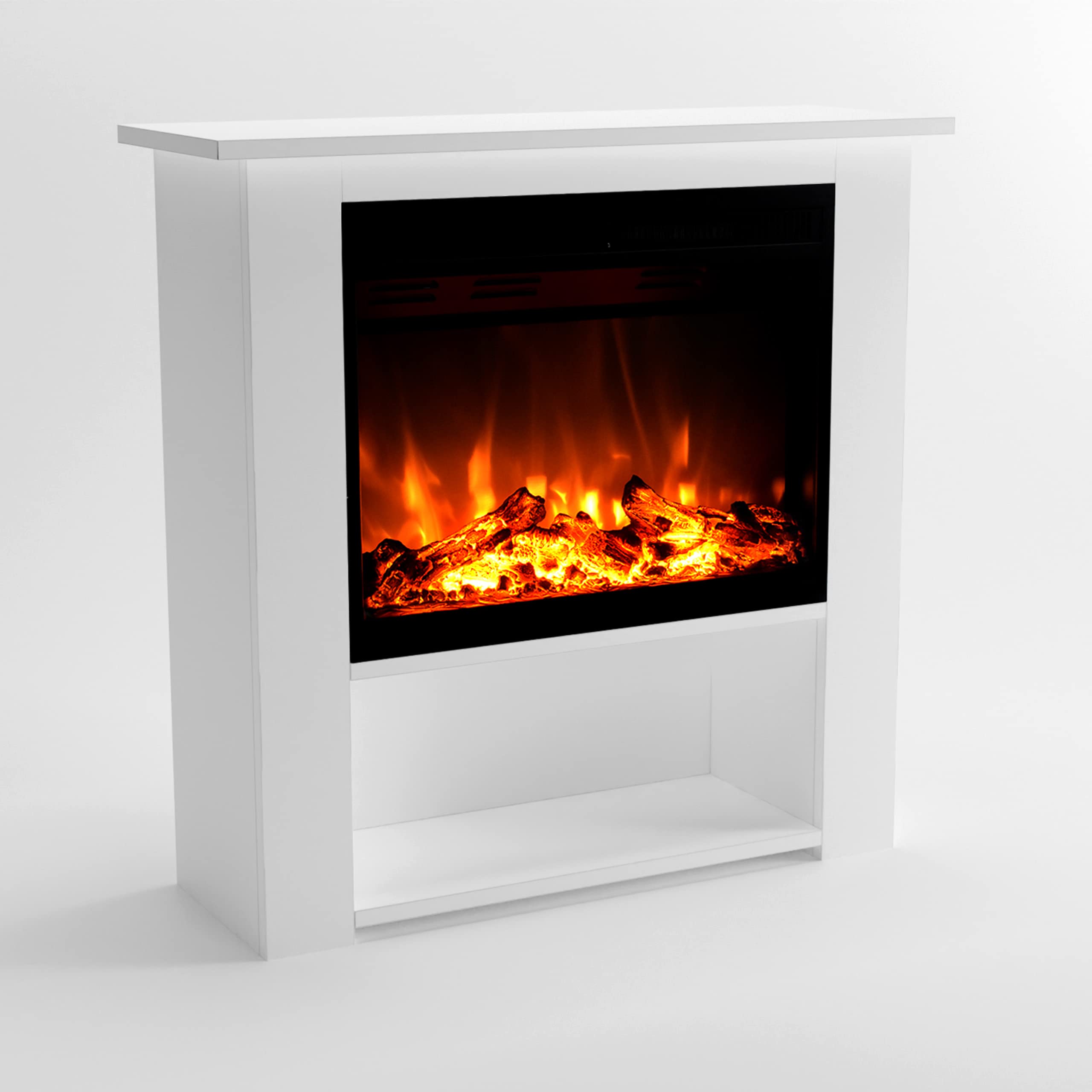 GLOW FIRE THEBE Stufa elettrica a LED con riscaldamento, fuoco LED in 3 colori, ventilatore, decorazione in legno, telecomando, 86x85x30 cm, Bianco