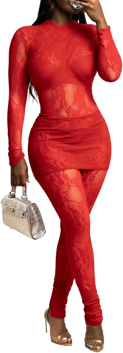 Ophestin Sexy Two Piece Outfits for Women Floral Lace Sheer Mesh Long Sleeve Top Bodycon Pants Set Club Outfits Matching Sets