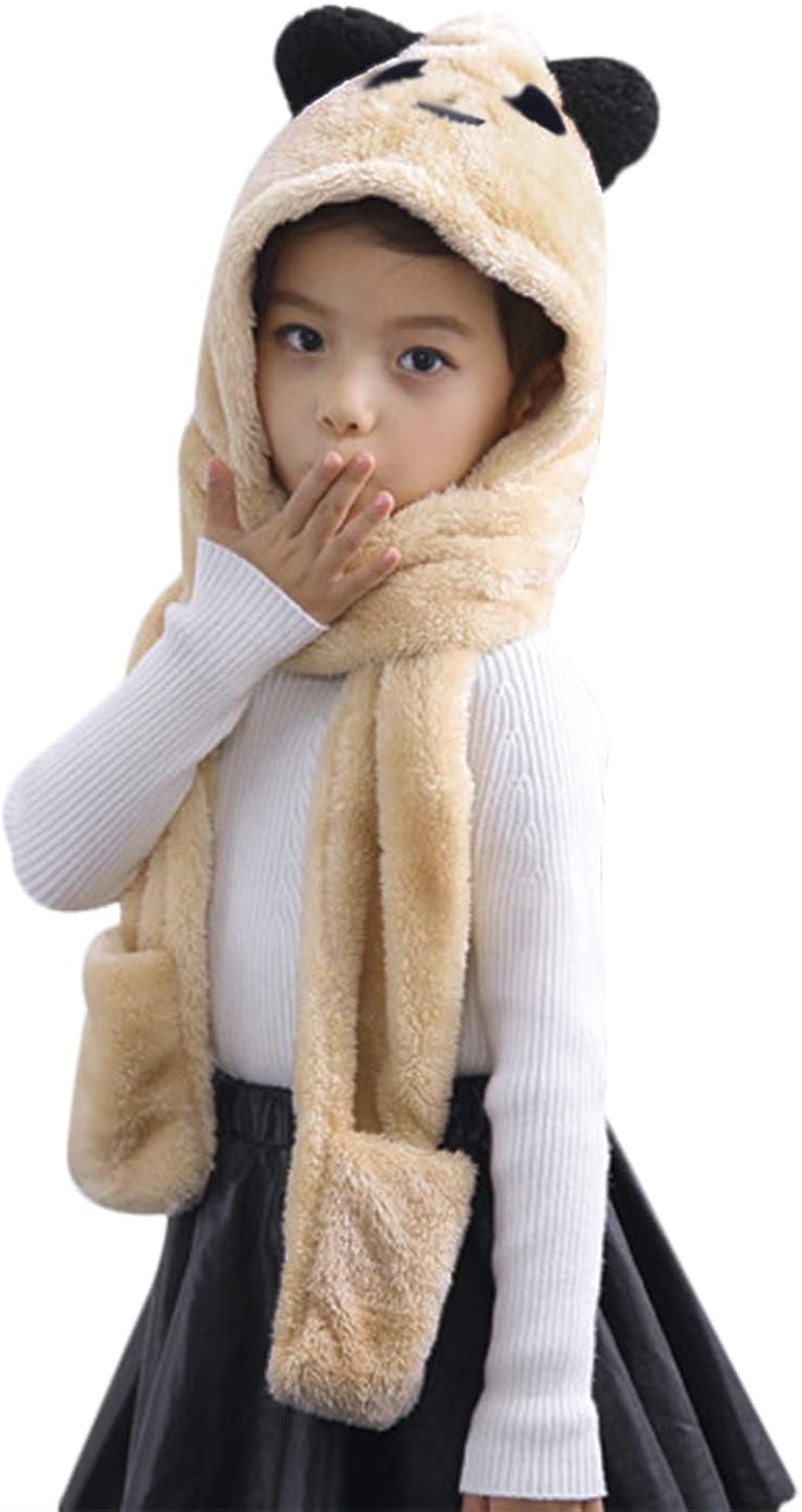 Kids Toddler Girls Bear Hoodie Cap Winter thermal Cozy Plush Full Hood Hat with Mitten Pocket Gloves Muffler Skull Cap Earflap Hat for Ski Cycling: Clothing, Shoes & Jewelry