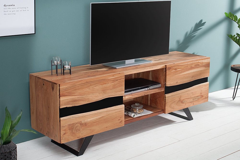 invicta INTERIOR Massives TV Board Amazonas 160cm Akazie Baumkante Metall schwarz Massivholz Fernsehschrank Wohnzimmerschrank TV-Schrank