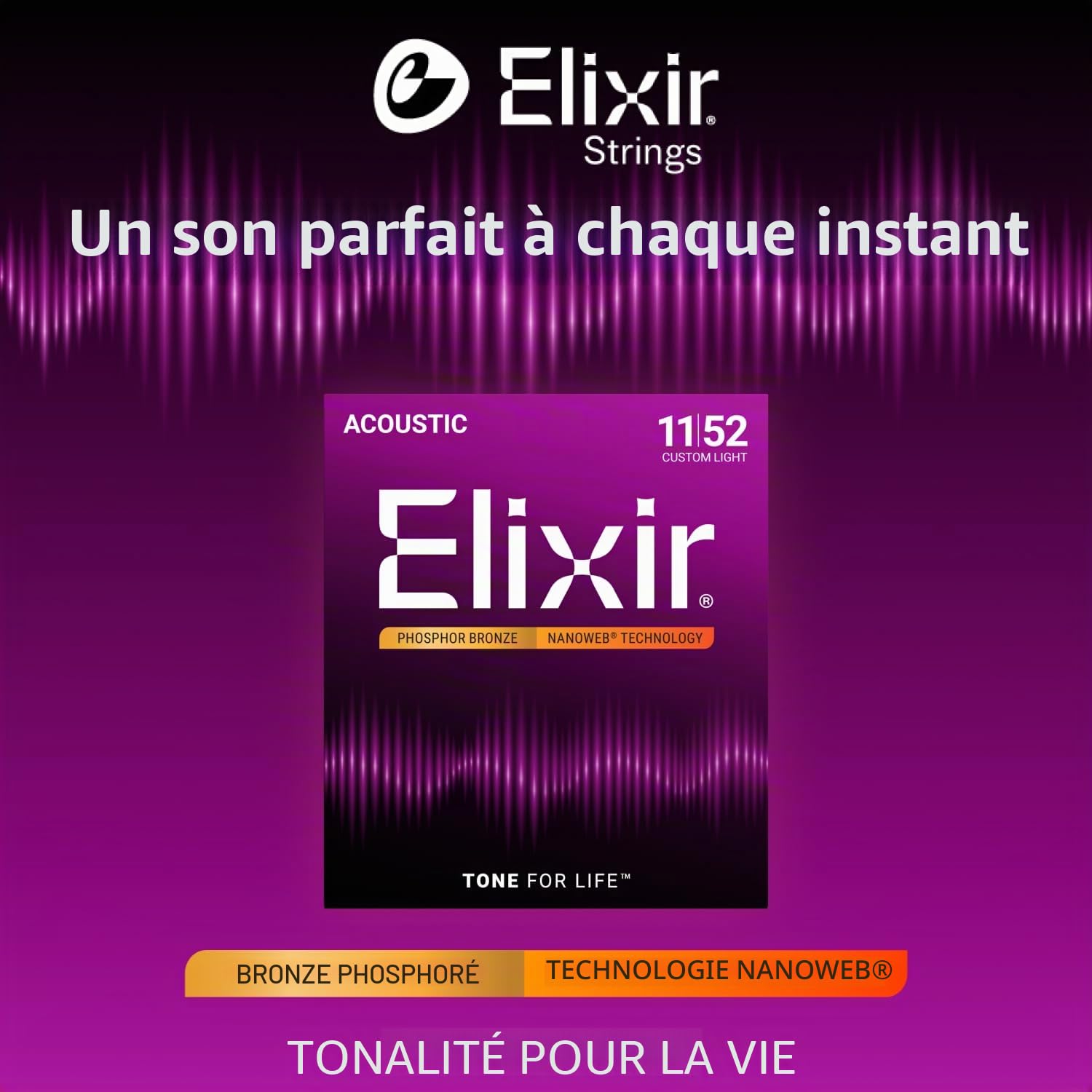 Elixir Cordes en Phosphore Bronze pour guitare acoustique avec revêtement NANOWEB, Custom Light (.011-.052)