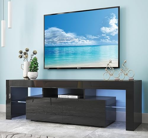 Miniatura 1 de Soporte de TV, moderno soporte de TV con tira LED y tomas de corriente, soporte de TV LED para TV de 45, 50, 55, 60, 65, 70 pulgadas, centro de