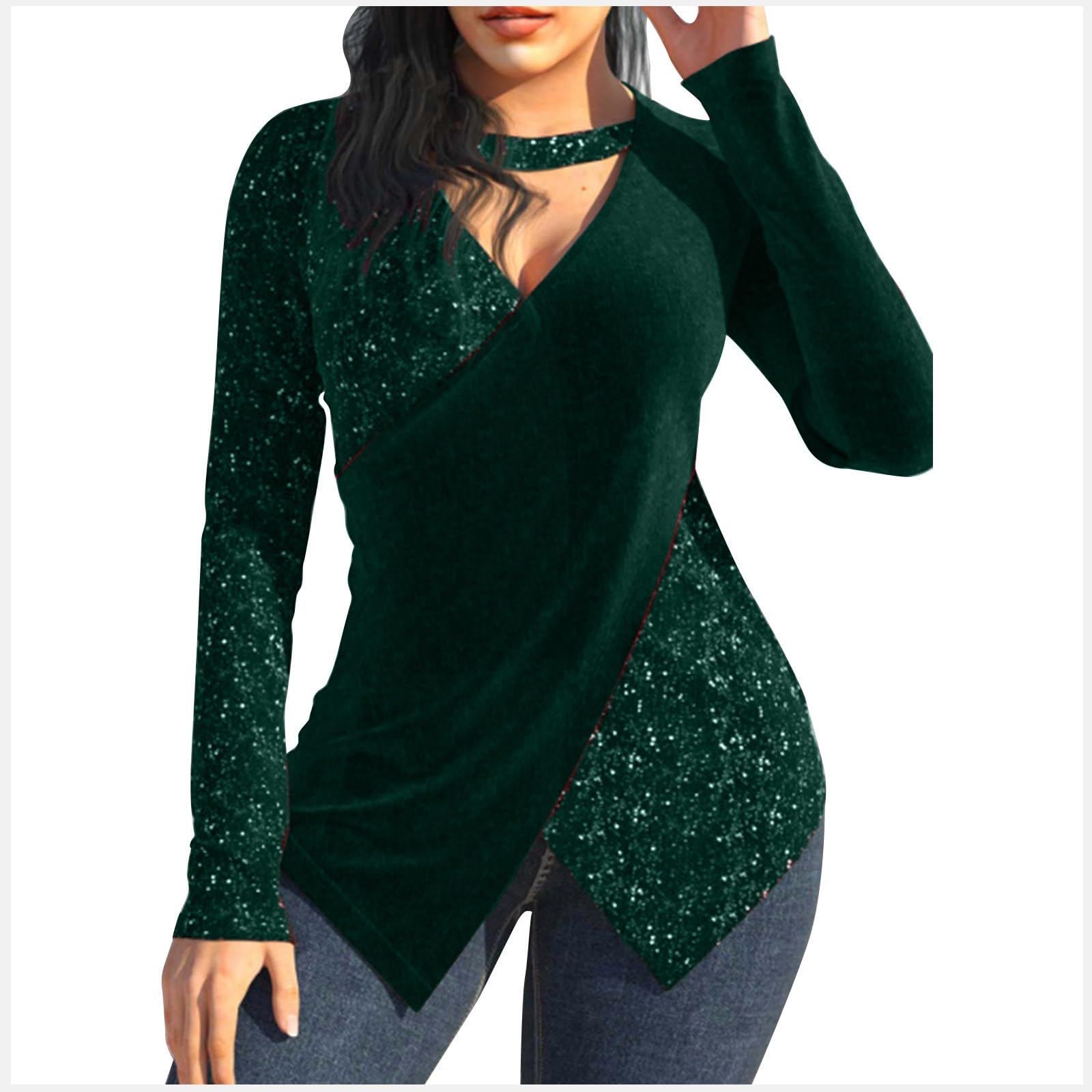 Femmes DéContracté à Manches Longues Tunique Hauts Col en V T-Shirts Croisé T-Shirt DéContracté Mince Ajusté Automne Blouse,Vert,L