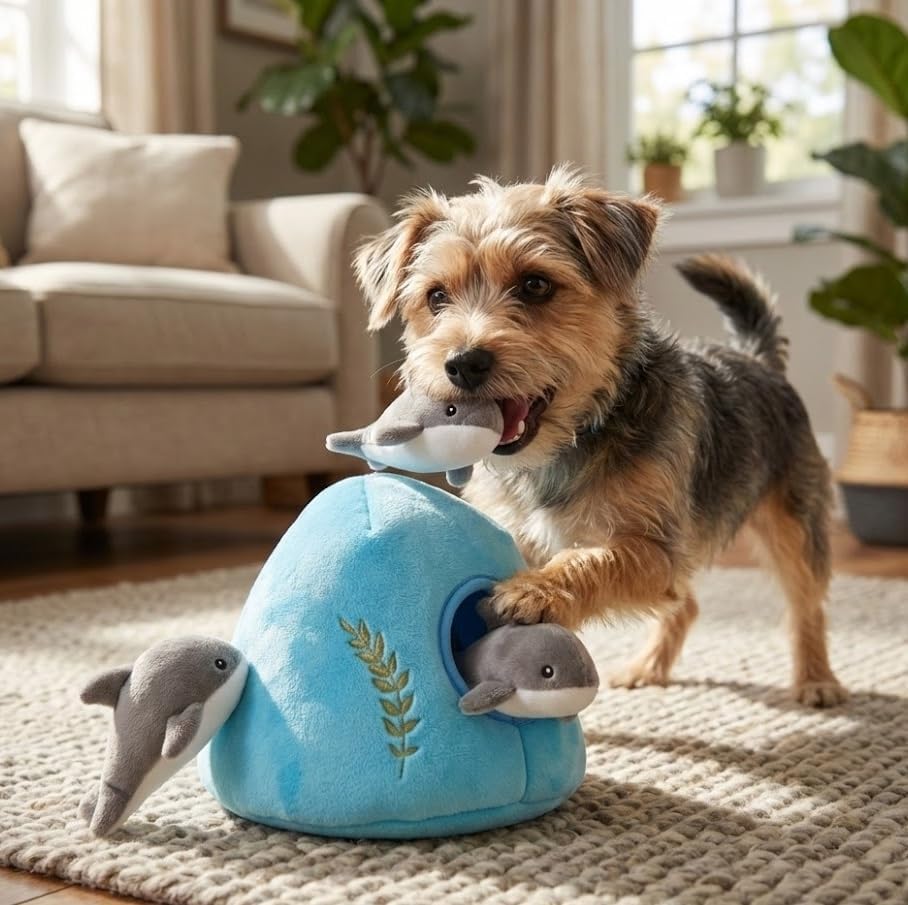 MODERN WAVE - Interactive Squeaky Plush Hide and Seek Squirrel Type Puzzle Toy for Dogs, Medium Size (Ocean and Dolphins) - Image 6