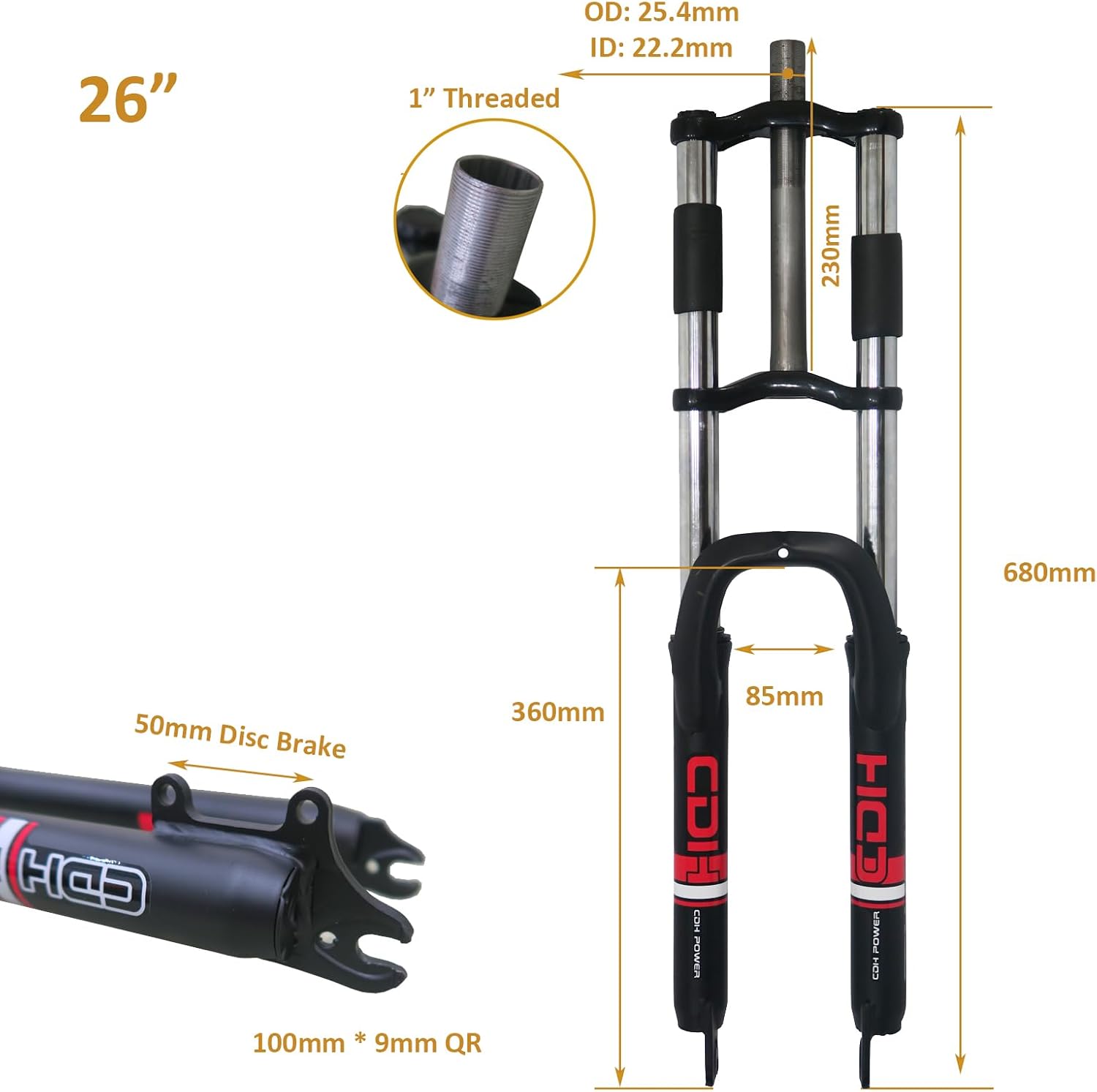 CDHPOWER 26" Suspension Fork 1" Threaded 25.4mm Straight Tube Double Shoulder Triple Tree, Disc Brake, Black, (Fork Only)