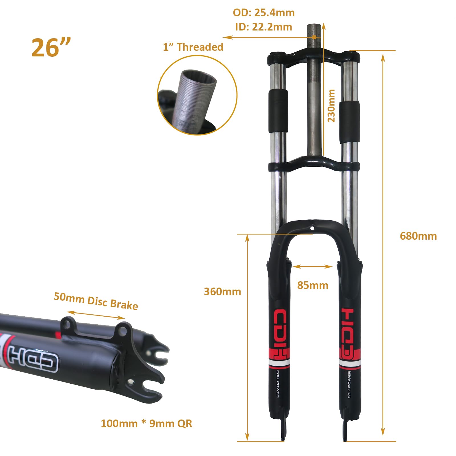 Forcella da 66 cm, filettatura da 2,5 cm, tubo dritto da 25,4 mm, doppia spalla, triplo albero, freno a disco, nero
