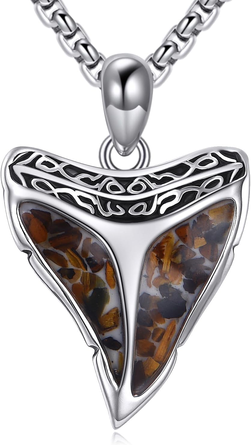 Shark Tooth Necklace Sterling Silver Shark Turquoise/Tiger Eye Pendant Necklace Cool Animal Jewelry for Women Men Shark Lover Surfer
