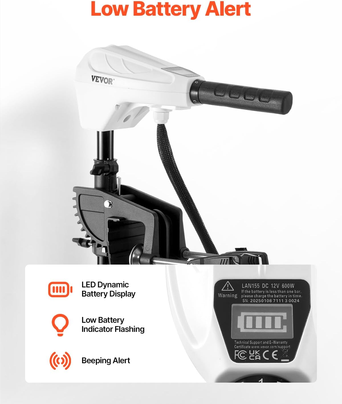 VEVOR Electric Trolling Motor, Transom Mounted Outboard Boat Motors 12V 55lbs Thrust, 8-Speed Electric Boat Engine w/Battery Indicator, for Kayaks, Fishing Boats on Freshwater/Saltwater, 30-In Shaft