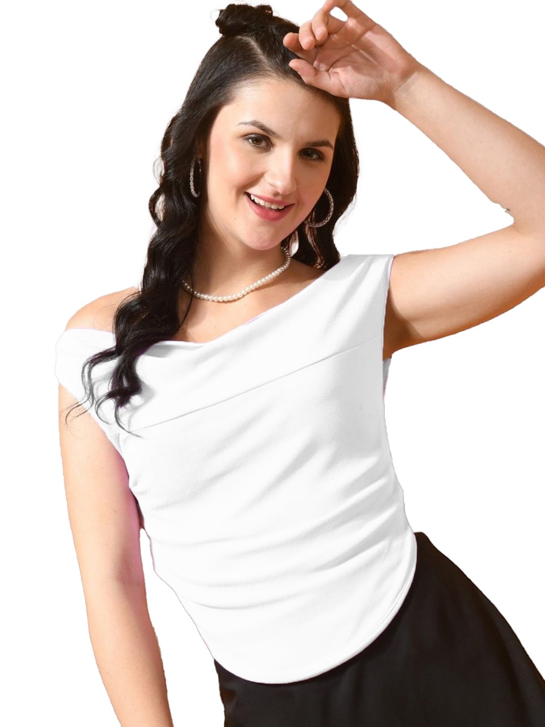 Womens Polyester Sleeveless Boat Neck Stretchable Draped Crop Top-image-10