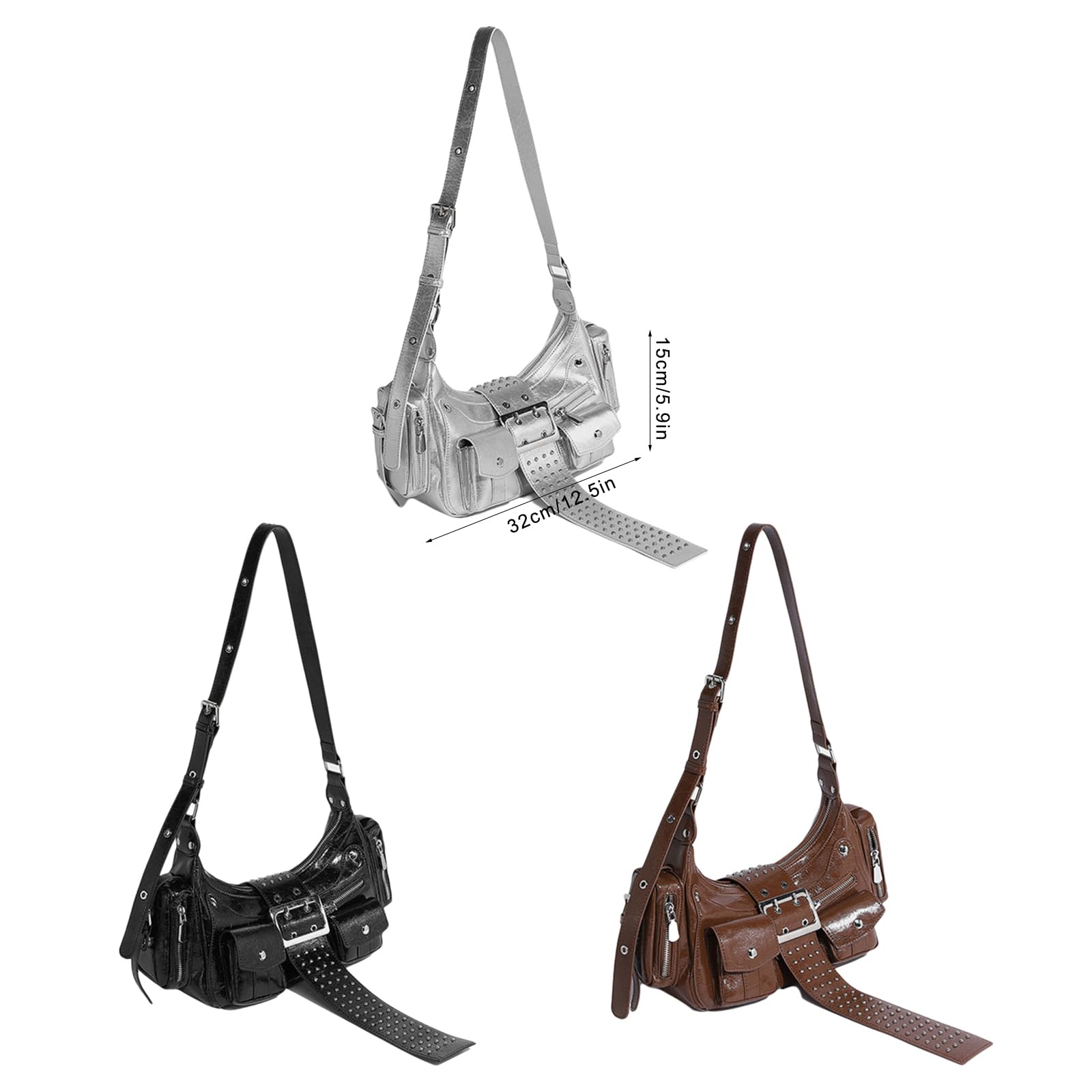 [Tertioi] Bolso de mano de piel sintética para motocicleta punk, bolsa de hombro para uso diario, con cremallera, bolso cruzado con cremallera, estilo motocicleta